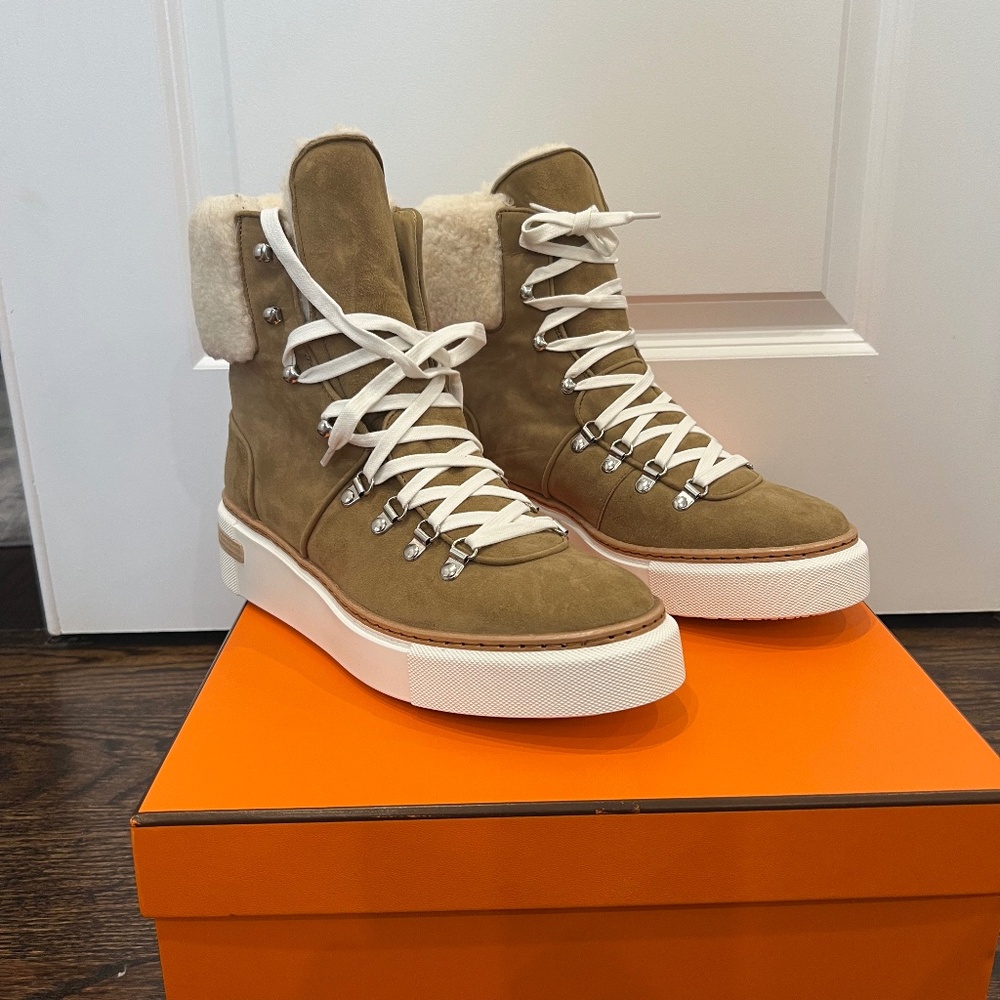 HERMES Brown Shearling Suede Snow Boots SIZE 40/9,5-10